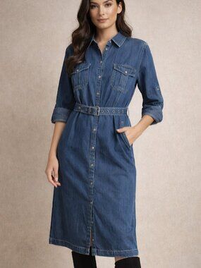 New Liz Claiborne long denim belted dress
